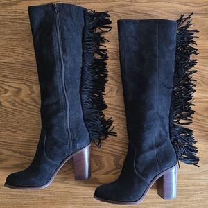 Gianni Bini Black Suede Fringe Backdrop Leather Boot 6.5